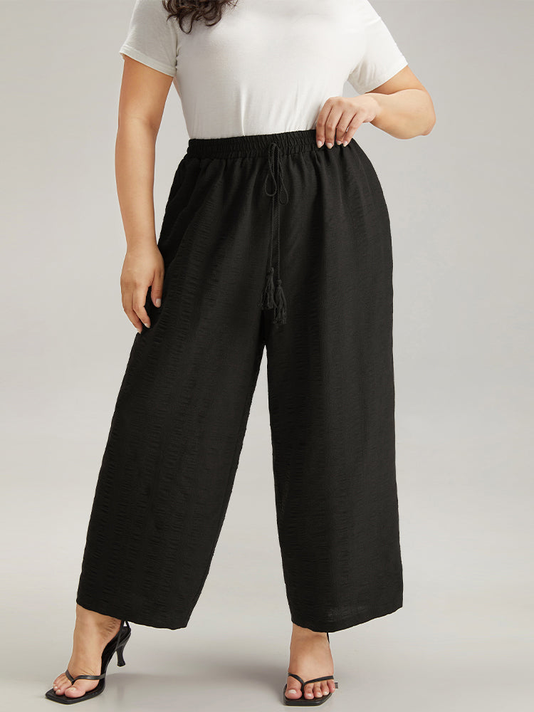 Plain Tassel Knot Pocket Elastic Waist Pants