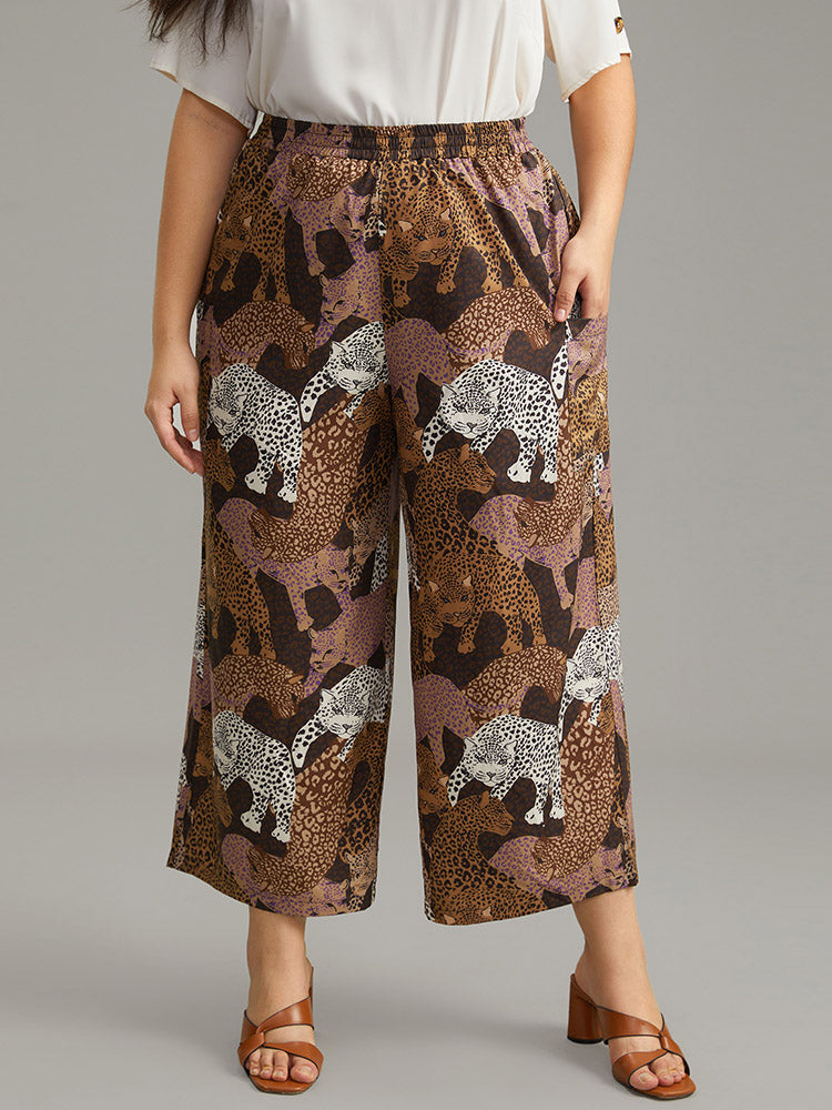 Leopard Print Elastic Waist Straight Leg Pants