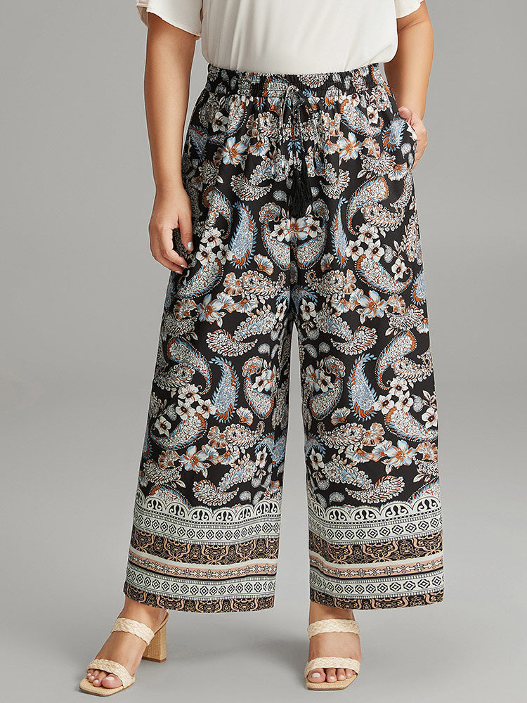 Boho Print Tassel Elastic Waist Pants