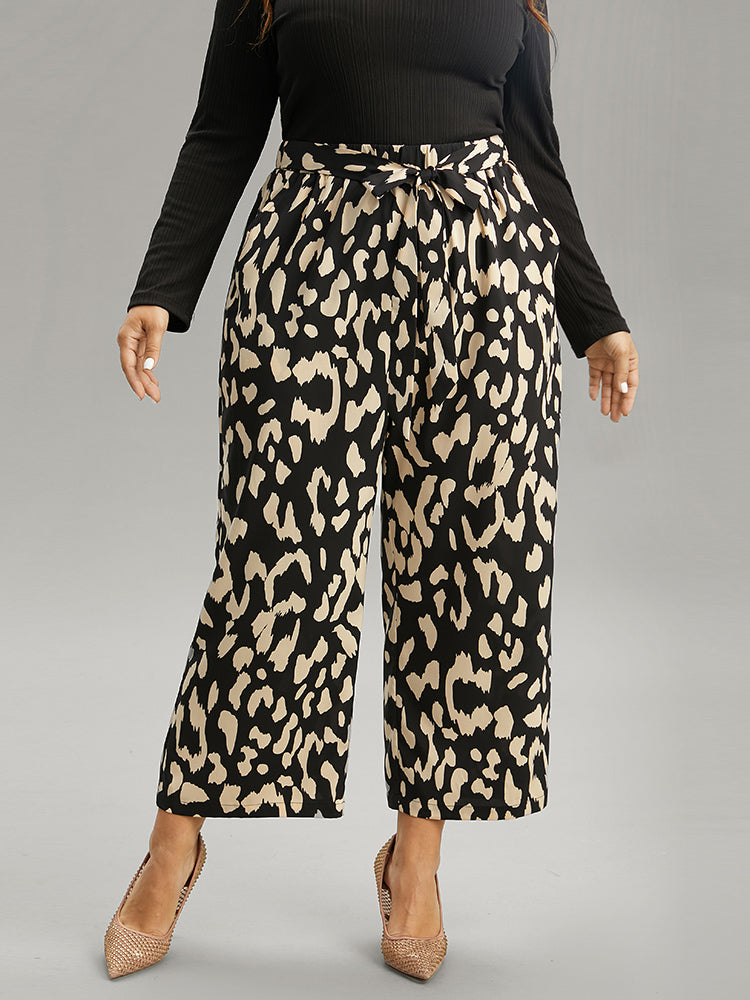 Leopard Elastic Waist Ties Wide Leg Pants