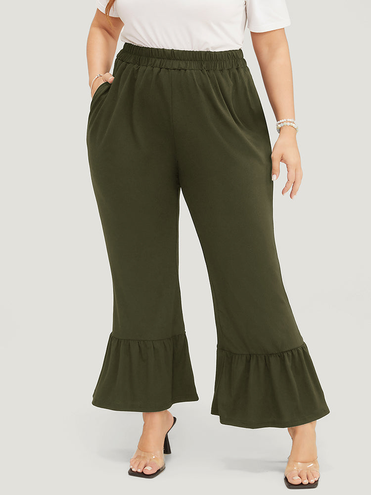 Solid Pocket Elastic Waist Flare Leg Pants