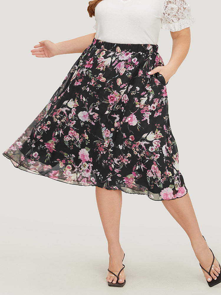 Floral Print Elastic Waist Pocket  Skirt