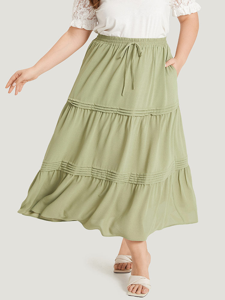 Plain Drawstring Pocket Ruffle Layered Hem Skirt