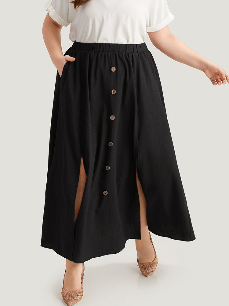 Plain Elastic Waist Pocket Button Detail Split Hem Skirt