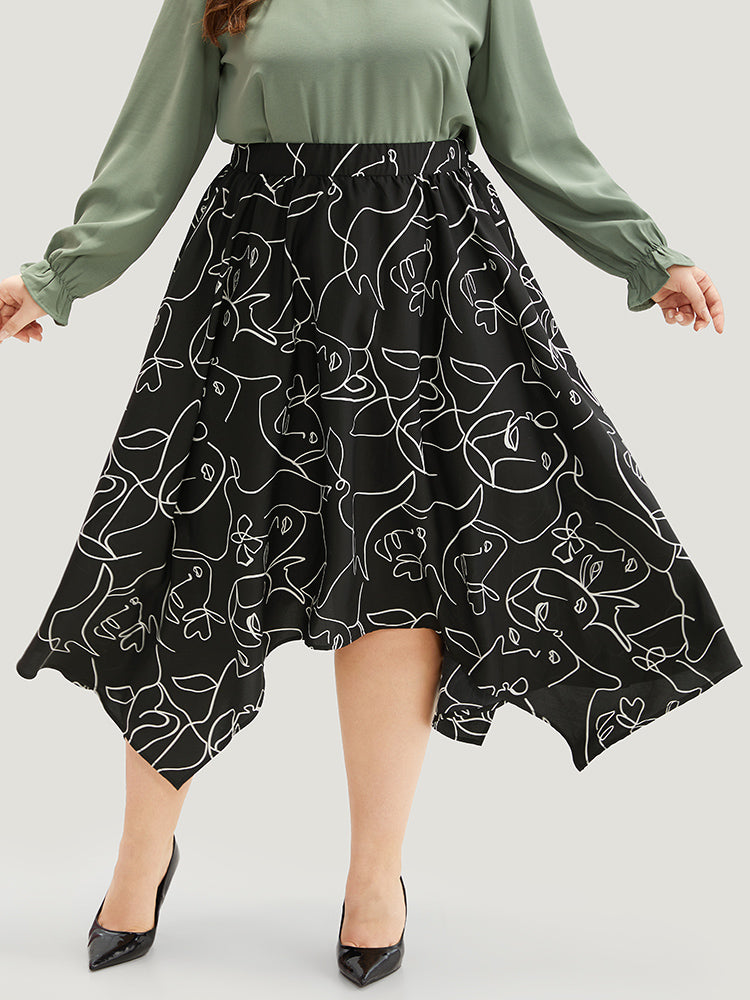 Graffiti Print Elastic Waist Hanky Hem Skirt