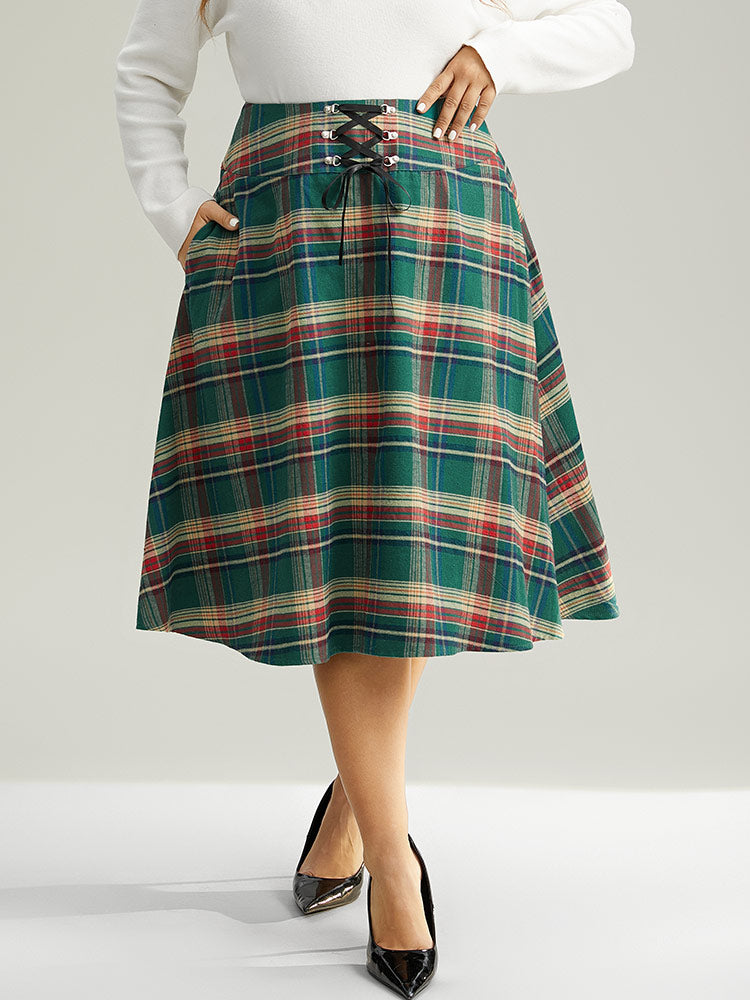 Plaid Lace Up Pocket Cropped Skirt