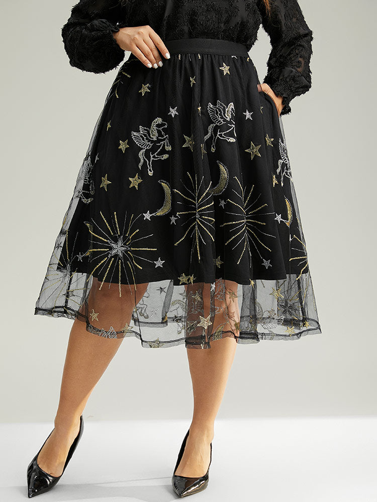 Moon & Star Mesh Embroidered Pocket Skirt