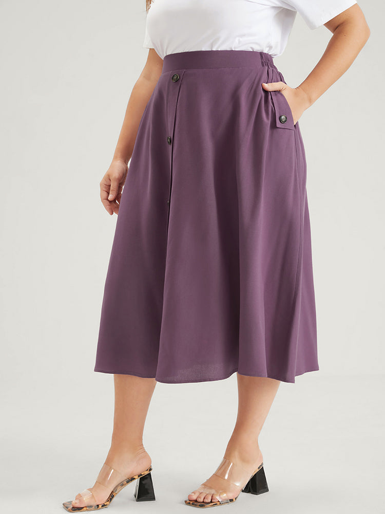 Solid Pocket Flutter Button Front Elastic Waist Skirt