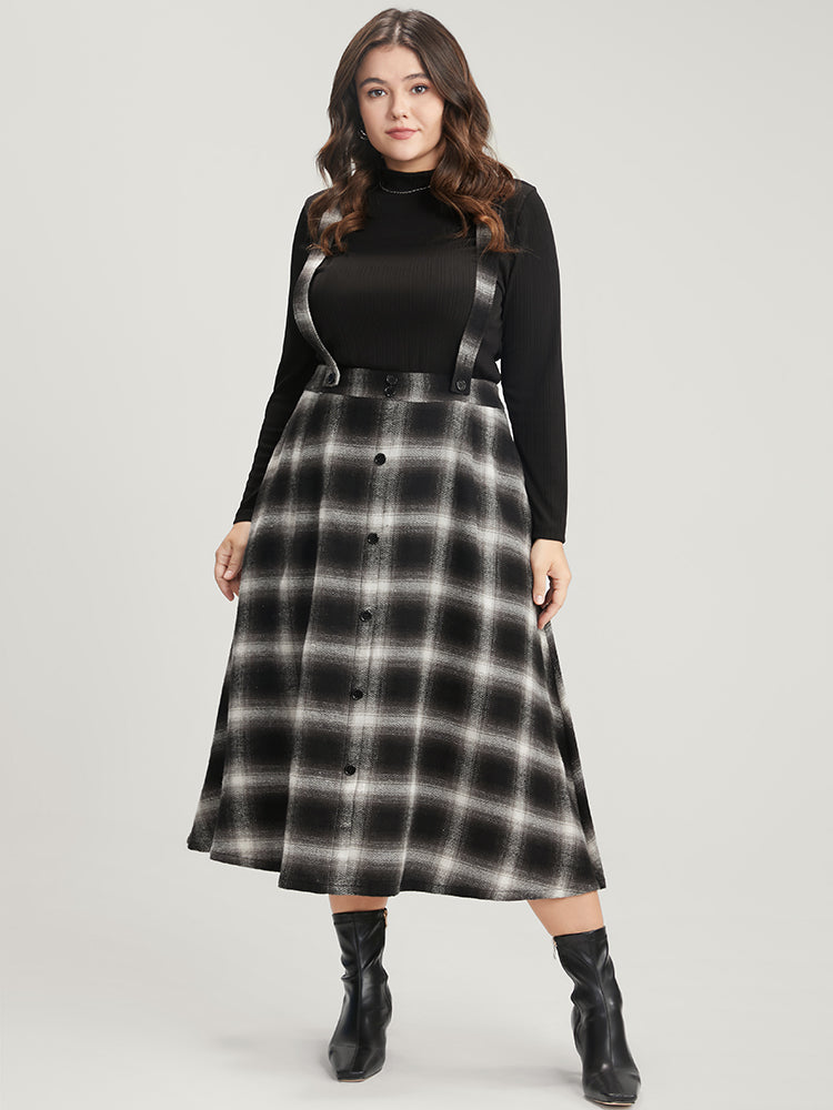 Plaid Fake Button Pocket Suspender Skirt