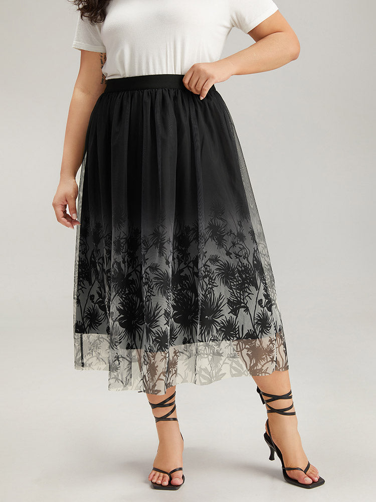 Silhouette Floral Print Ombre Mesh Skirt