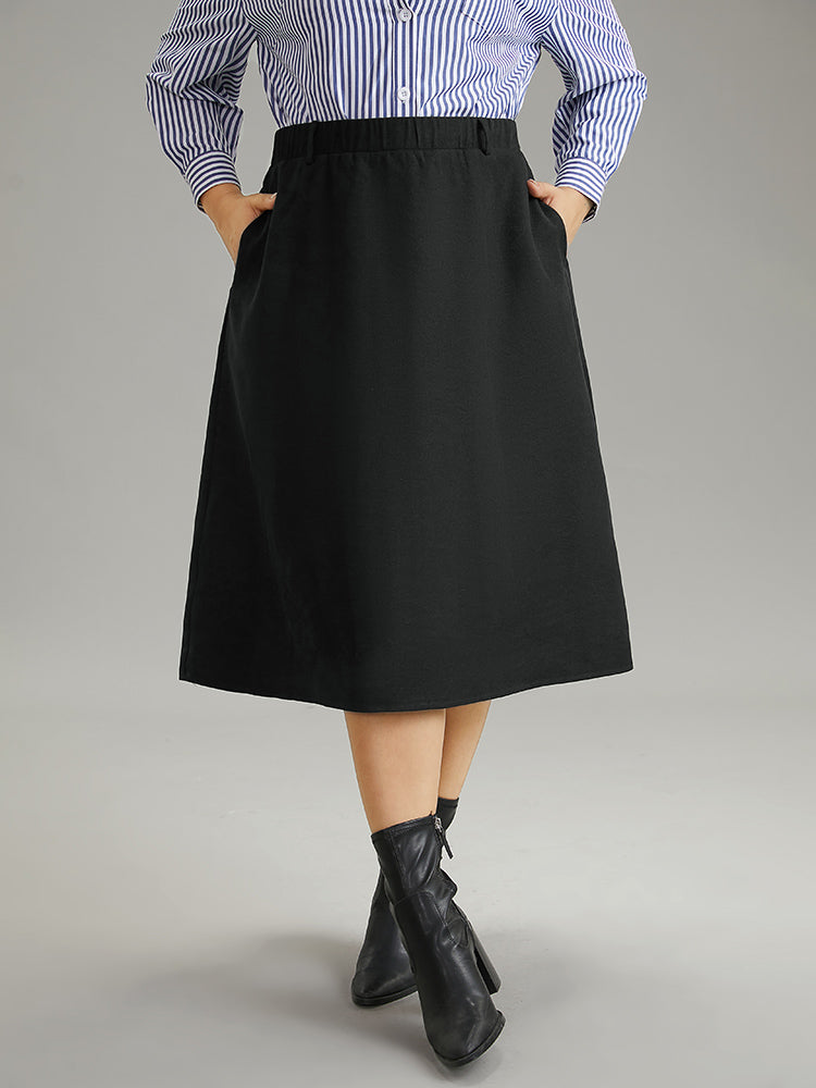 Plain Pocket Elastic Waist A-line Skirt