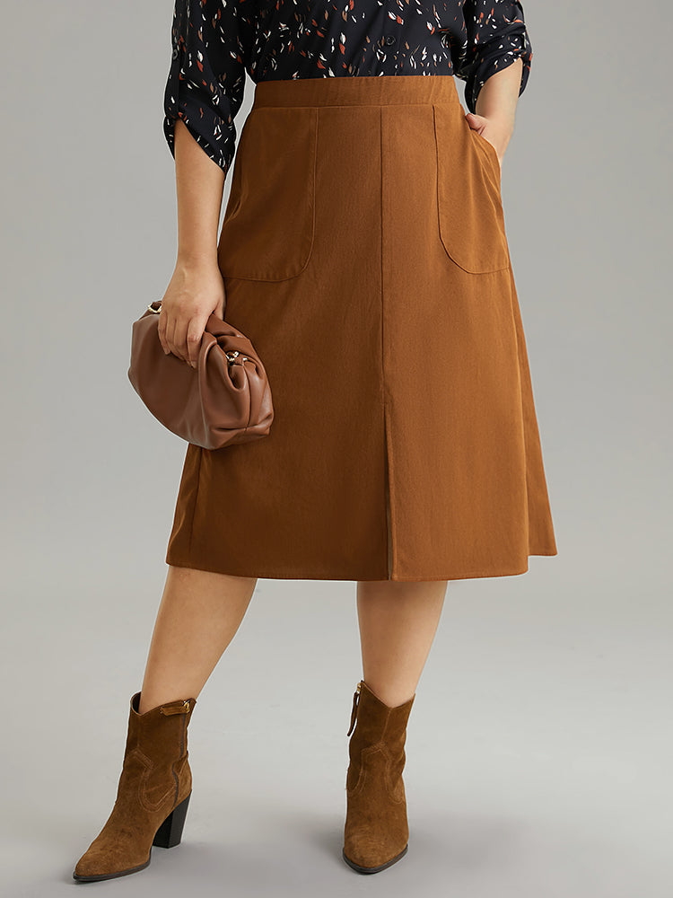 Plain Texture Elastic Waist Pocket Split Front Skirt