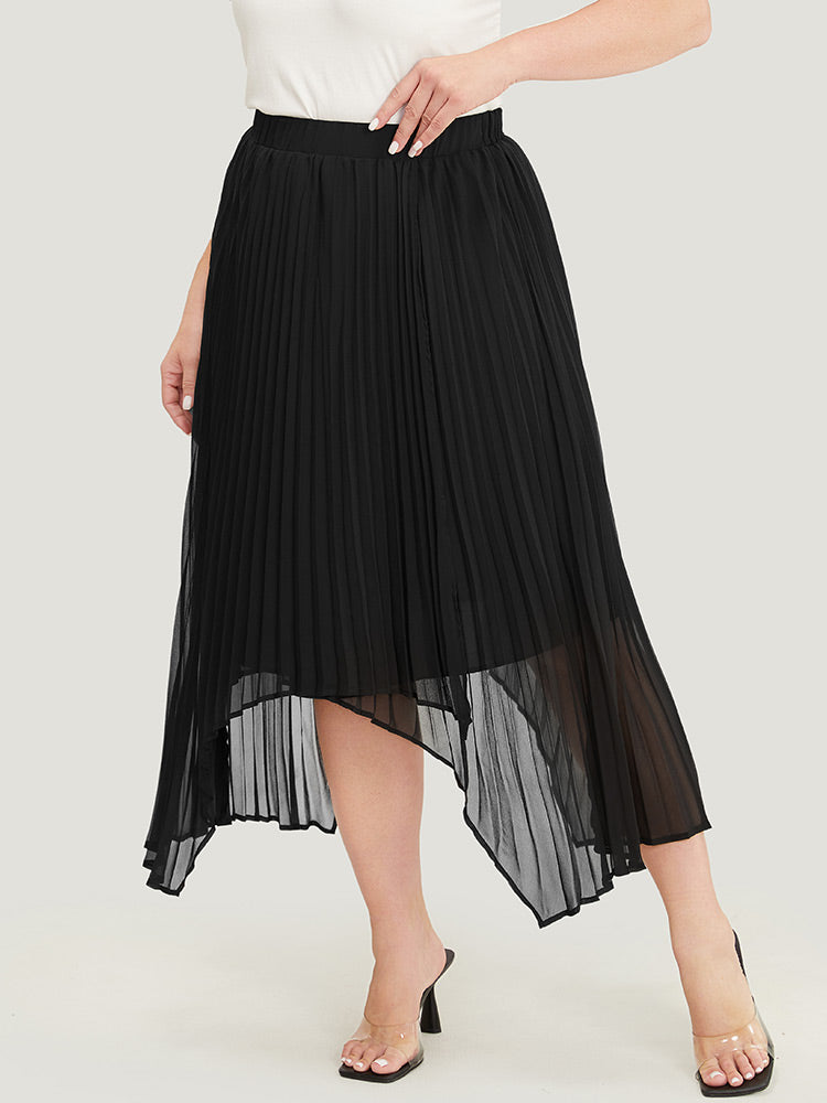 Solid Mesh Pleated Detail Hanky Hem Skirt