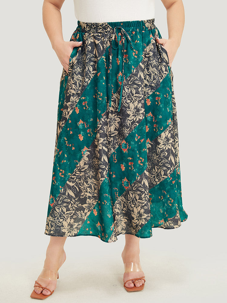 Floral Contrast Pocket Knot Front Skirt