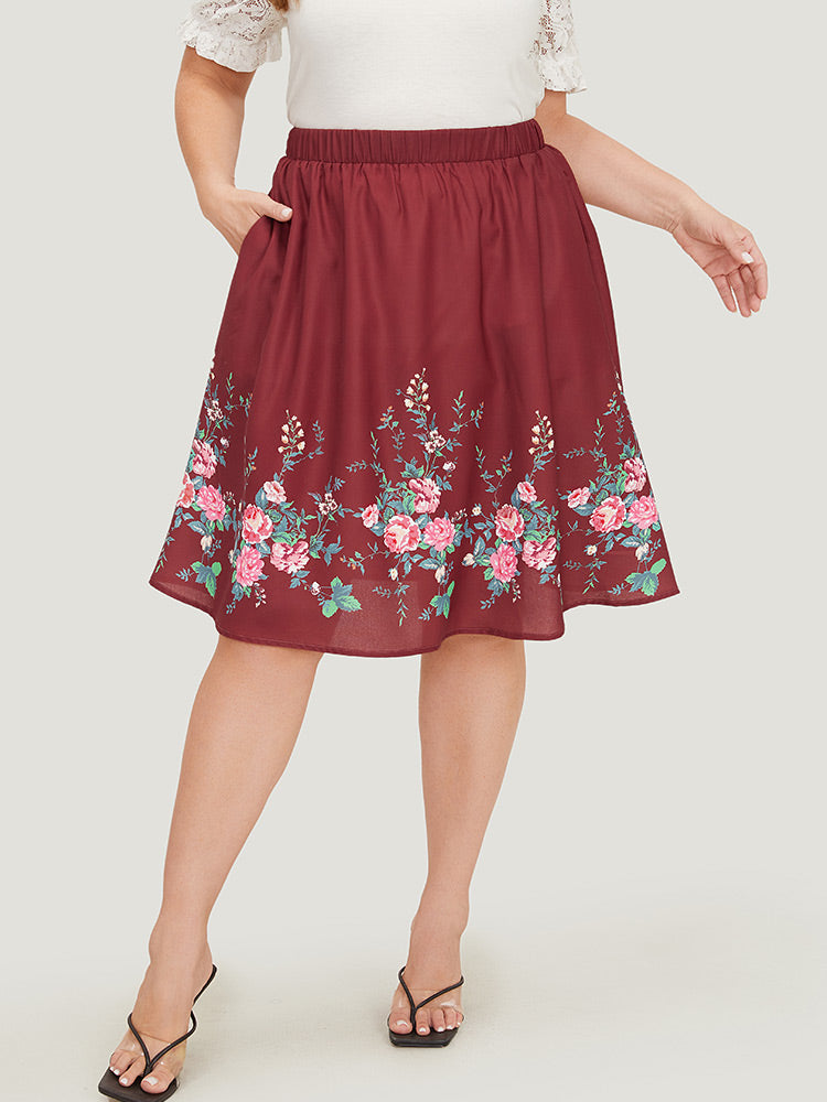 Floral Print Pocket Flutter Hem Skirt