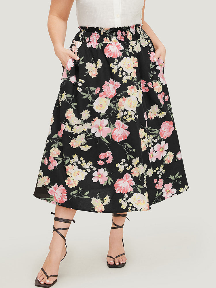 Floral Shirred Wideband Waist Flutter Pocket Skirt