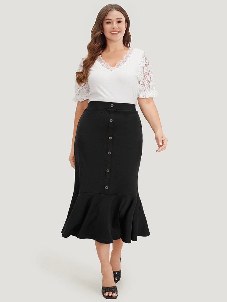 Plain Button Detail Flutter Hem Patchwork Skirt