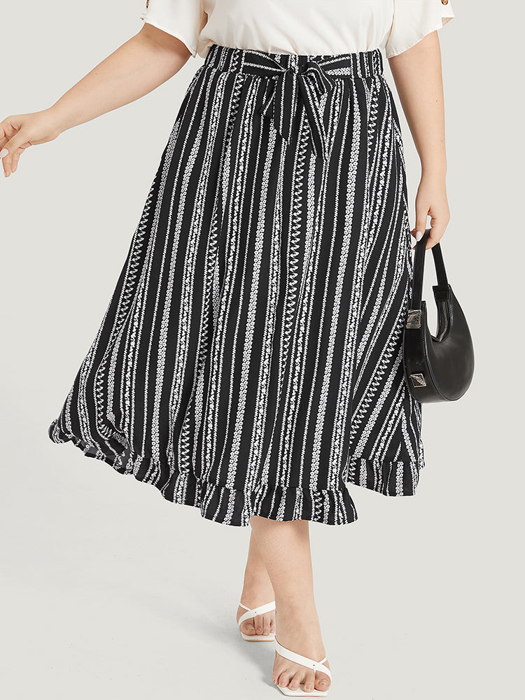 Striped Bowknot Pocket Ruffle Trim Skirt