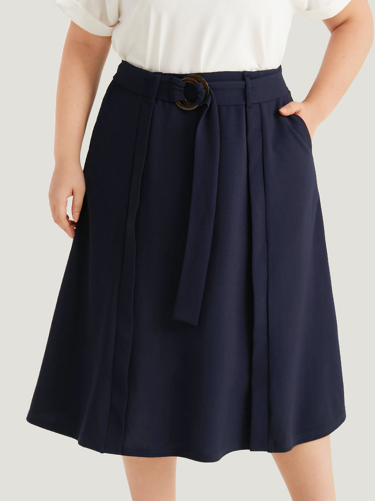 Plain Pocket Belted Buckle Detail Midi Skirt