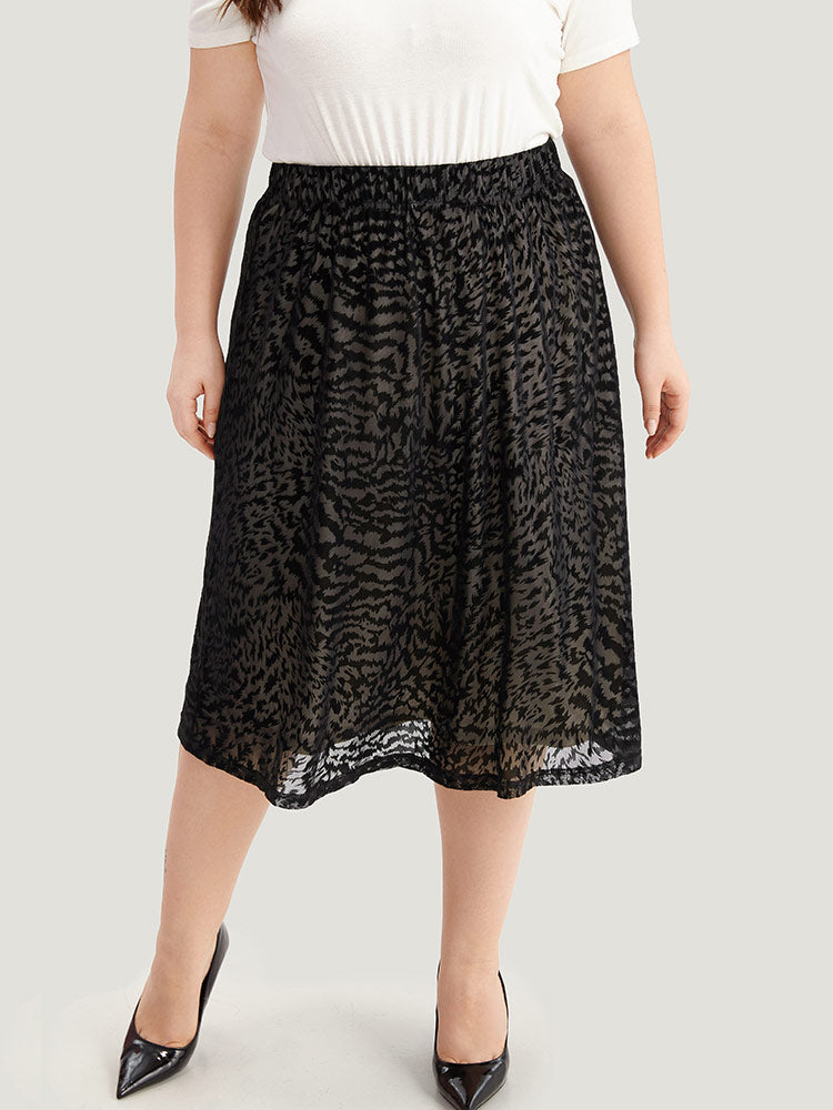 Flocking Water Ripple Elastic Waist Midi Skirt