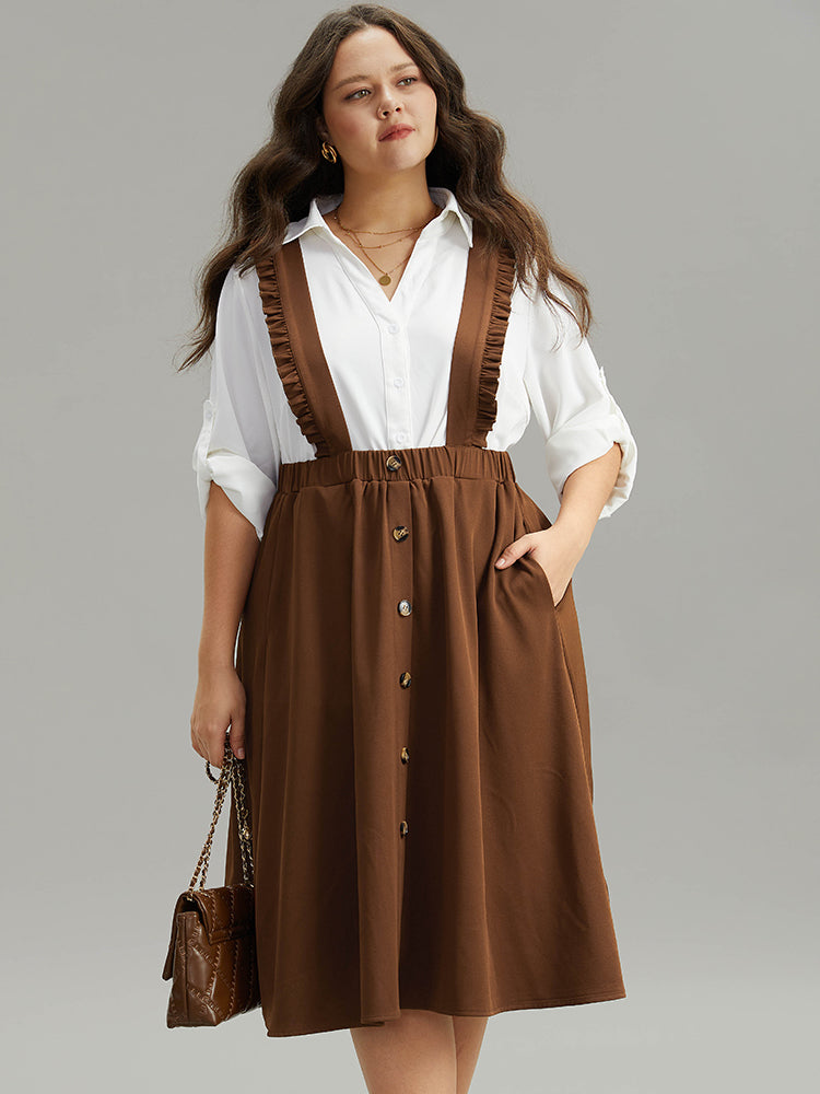 Elastic Waist Button Detail Frill Trim Overall Skirt