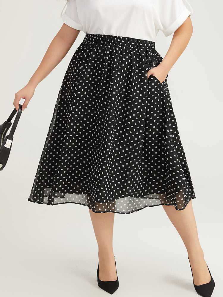 Polka Dot Pocket Mesh Elastic Waist Skirt