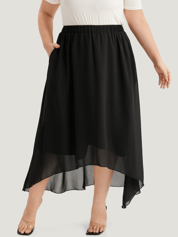 Plain Elastic Waist Pocket Mesh High Low Hem Skirt