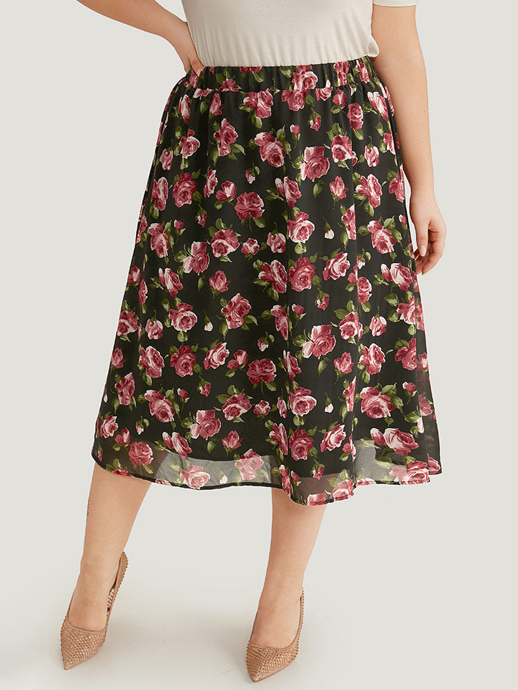 Floral Print Mesh Elastic Waist Skirt