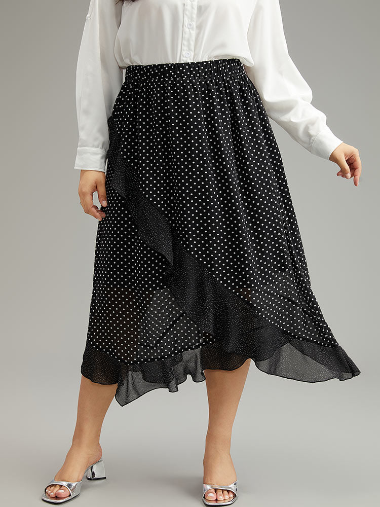 Polka Dot Ruffles Elastic Waist Mesh Patchwork Skirt