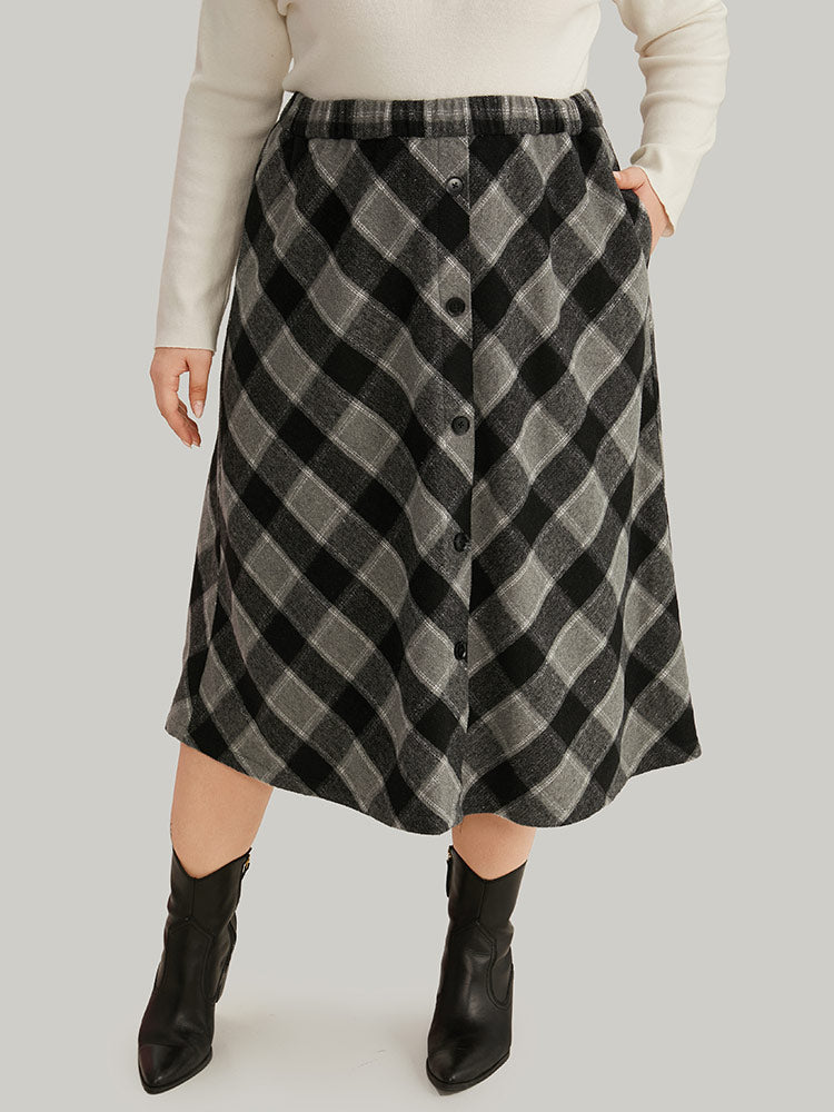 Plaid Button Detail Pocket Skirt