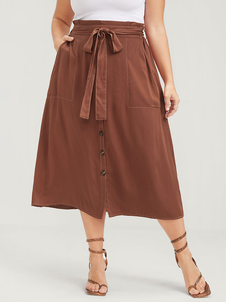 Solid Elastic Waist Button Front Pocket Belted  Skirt