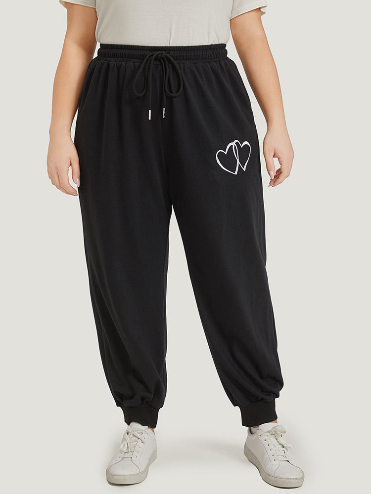 Plain Heart Embroidered Drawstring Pocket Sweatpants