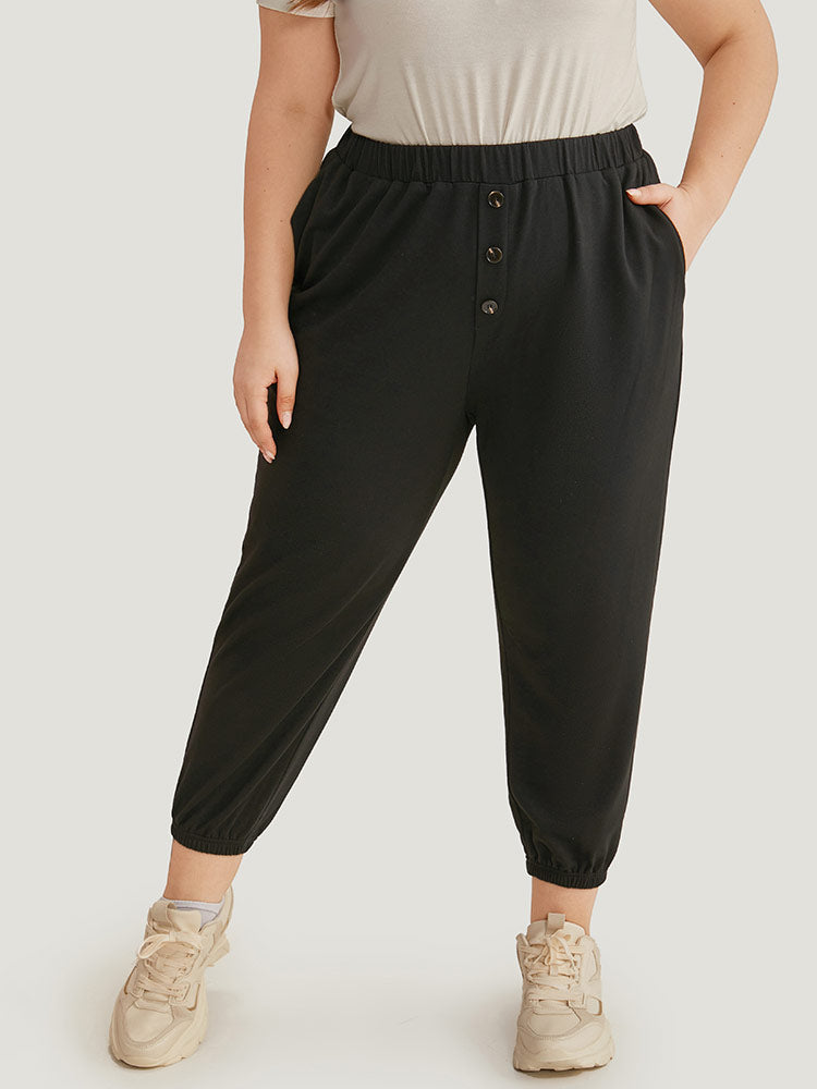 High Rise Button Detail Elastic Waist Sweatpant