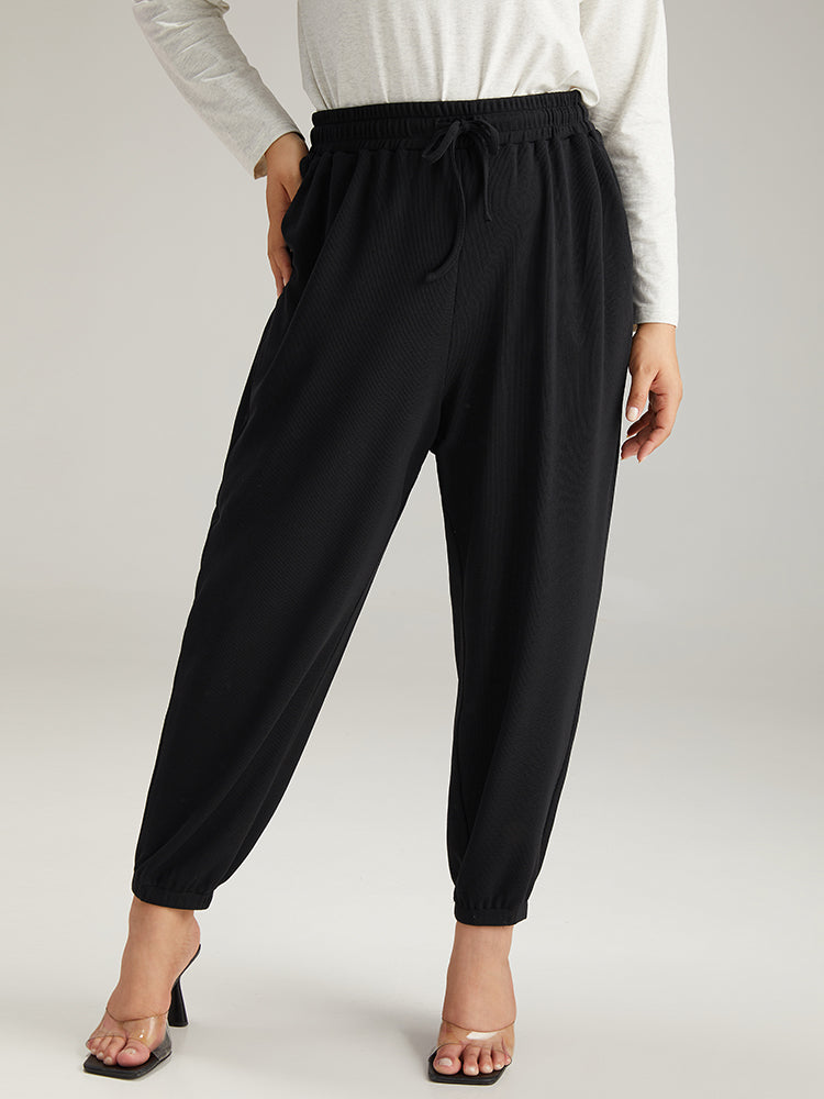 Plain Texture Pocket Drawstring Elastic Waist Sweatpants