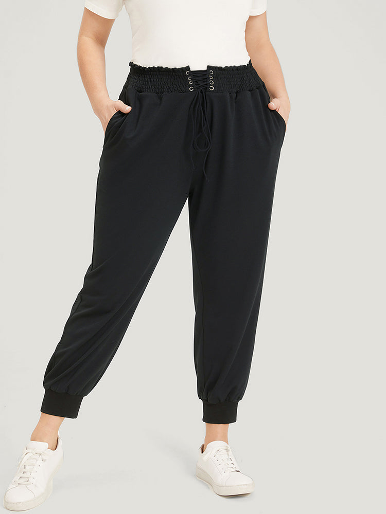 Solid Pocket Bowknot Shirred Sweatpants