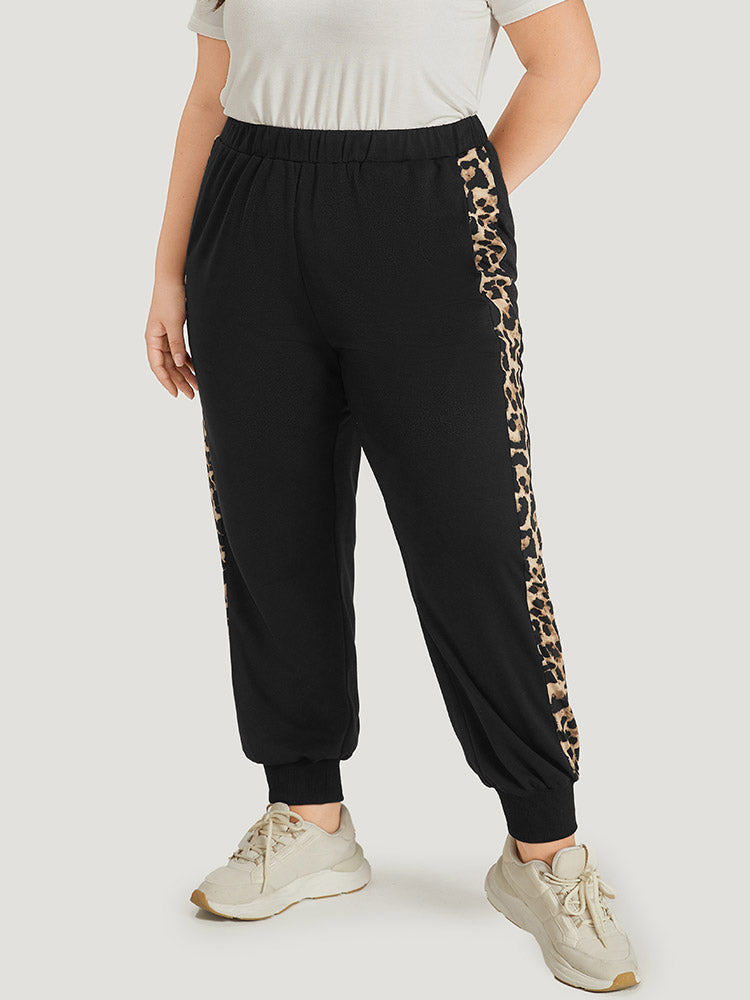 Leopard Patchwork Pocket Elastic Waist Sweatpants