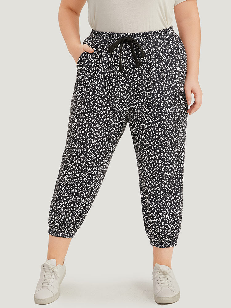 Leopard Print Drawstring Pocket Elastic Waist Sweatpants