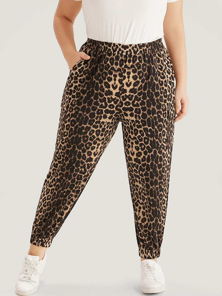 Leopard Print Pocket Elastic Waist Carrot Sweatpants