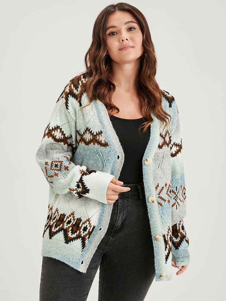 Geometric Print Super Soft Plush Knit Button Front Cardigan