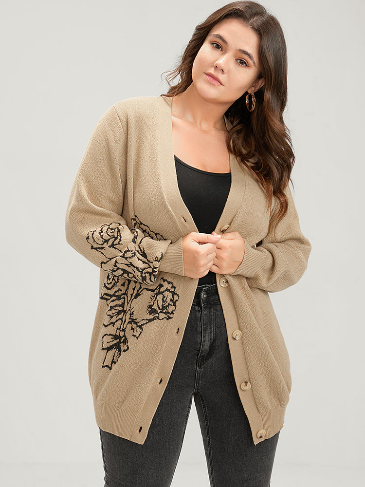 Solid Pointelle Knit Floral Jacquard Button Front Cardigan