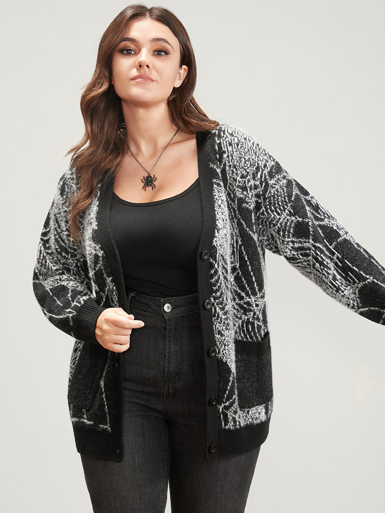 Spider Web Plush Knit Pocket Button Front Cardigan