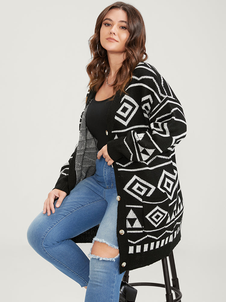 Geometric Contrast Pointelle Knit Jacquard Pocket Button Front Cardigan