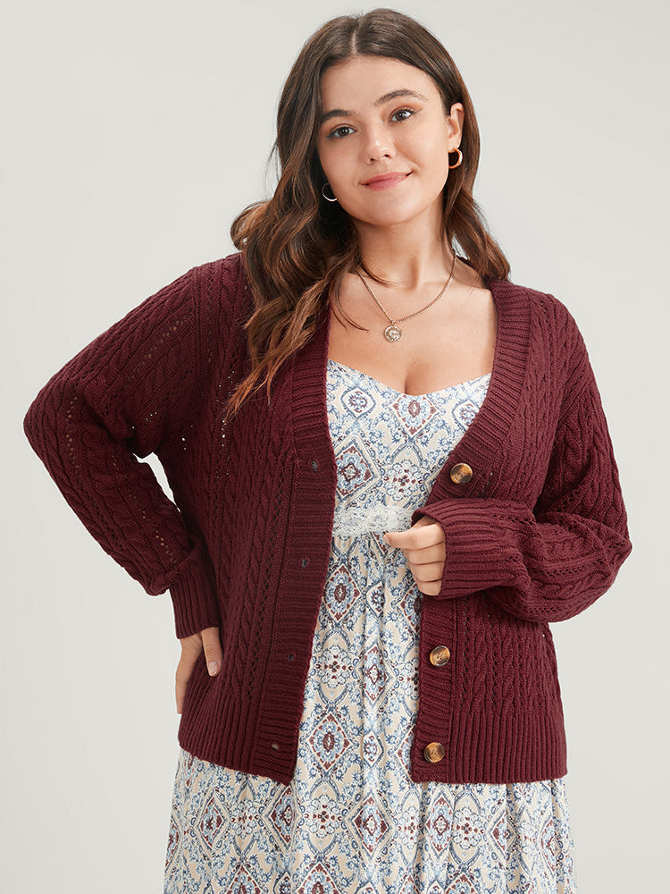 Solid Pointelle Knit Eyelet Button Front Cardigan