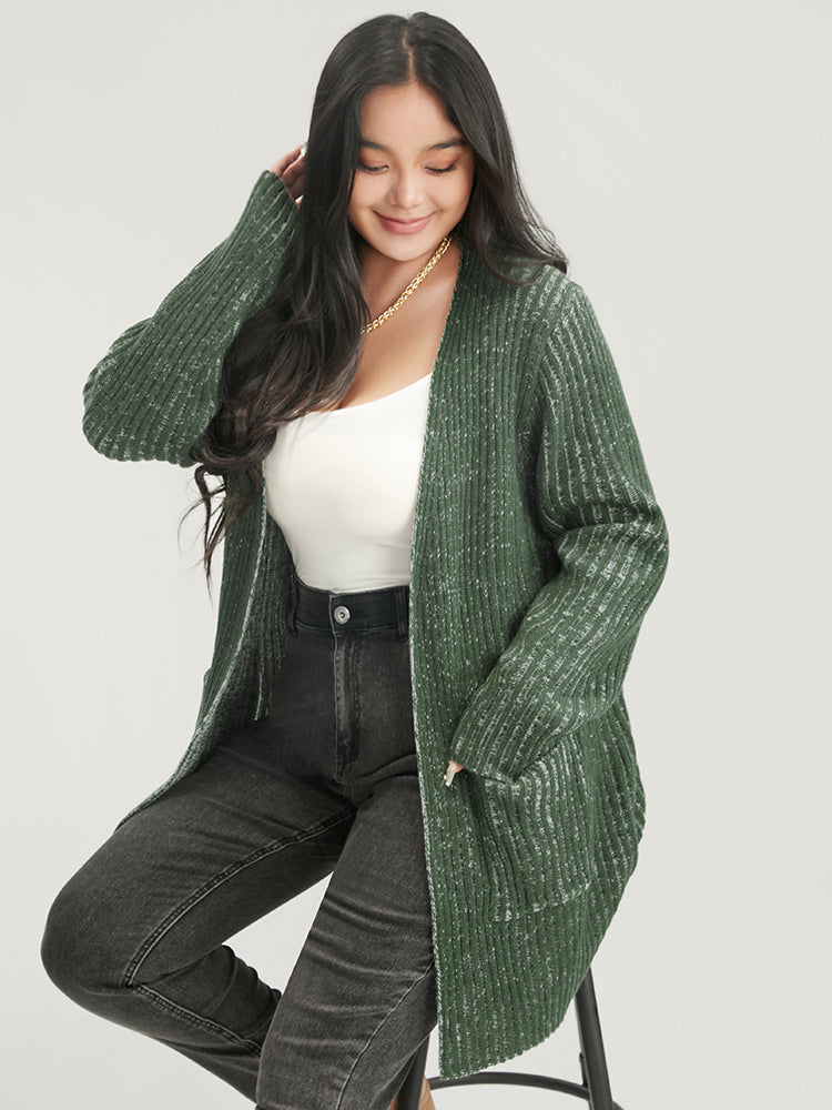 Solid Pointelle Knit Heather Rib Knit Open Front Cardigan