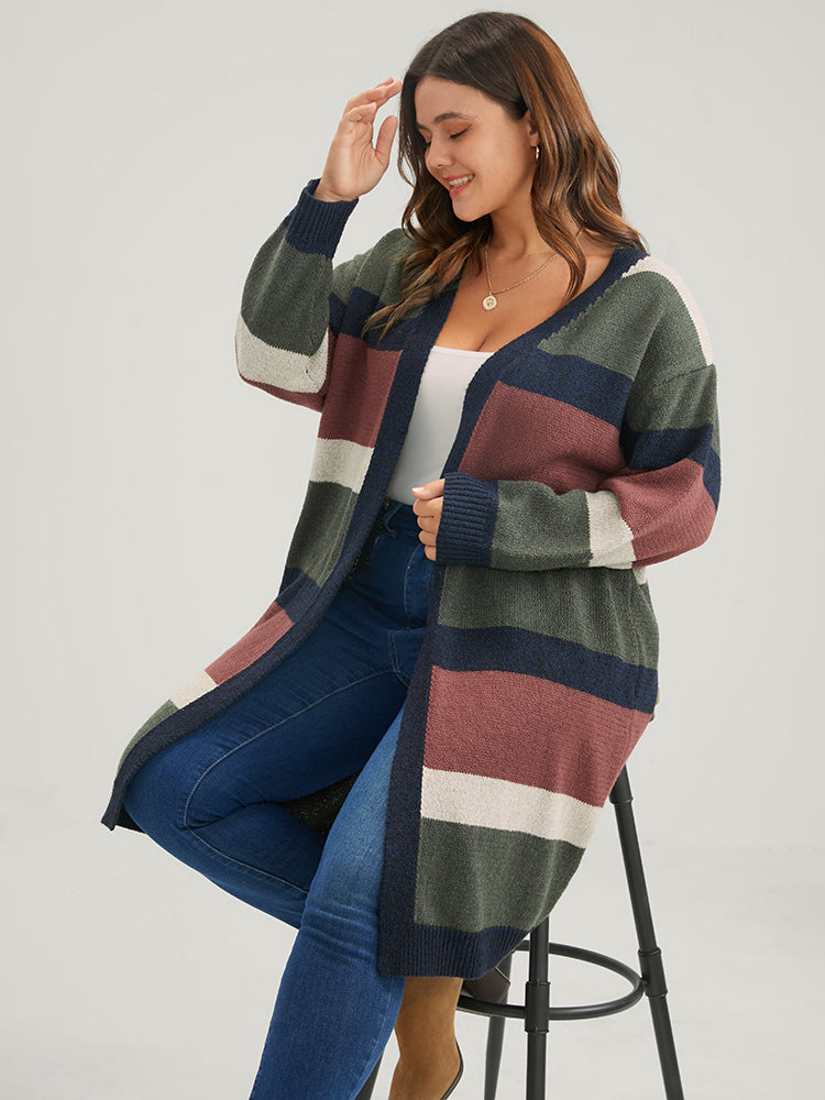 Colorblock Contrast Pointelle Knit Heather Open Front Long Cardigan