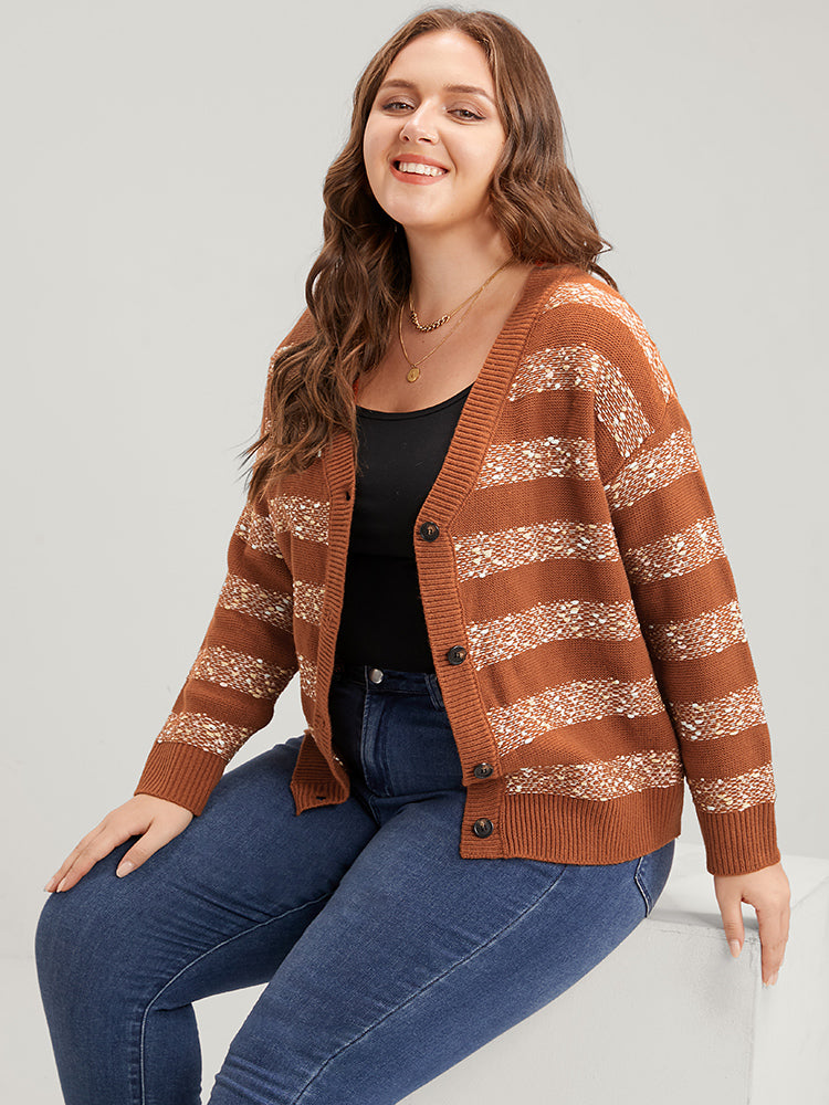 Striped Contrast Ping Pong Yarn Heather Button Front Cardigan