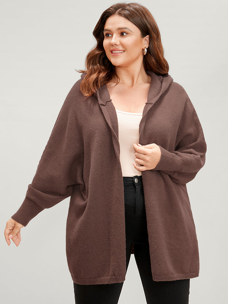 Solid Pointelle Knit  Dolman Sleeve Open Front Hooded Cardigan