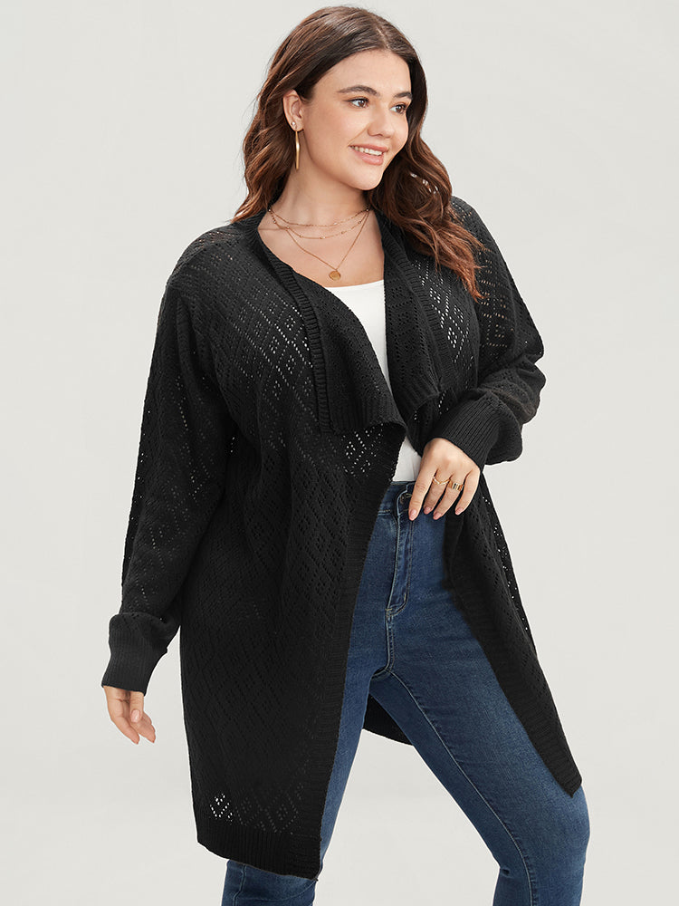 Plain Pointelle Knit Argyle Eyelet Asymmetrical Open Front Cardigan