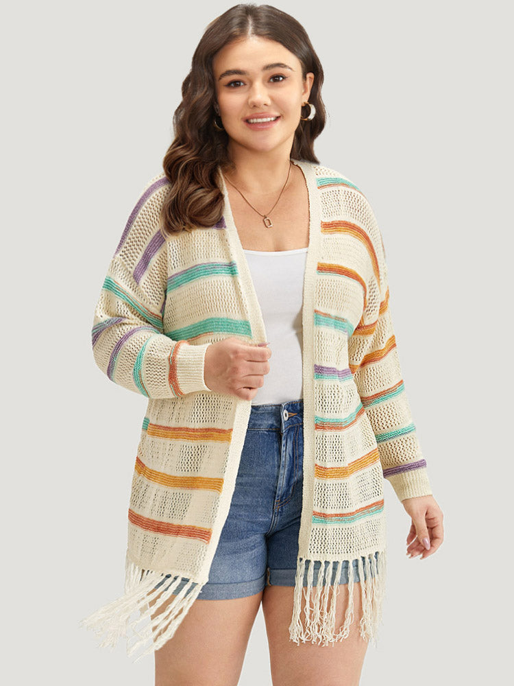 Rainbow Striped Fringe Trim Open Front Cardigan