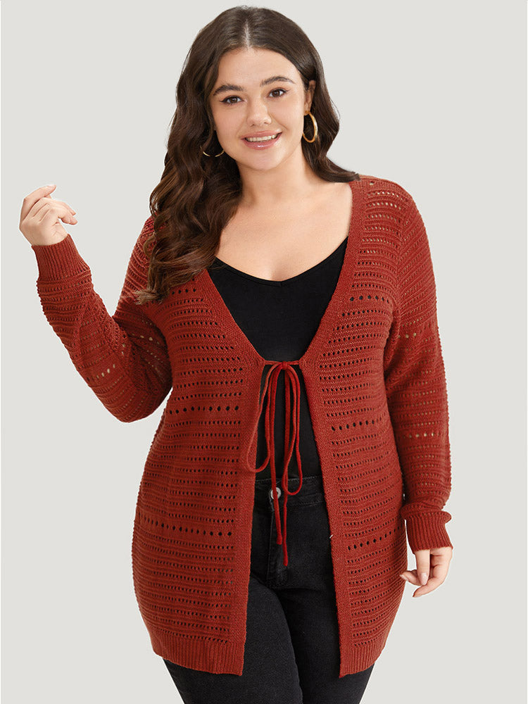 Plain Ties Front Geometric Eyelet Cardigan